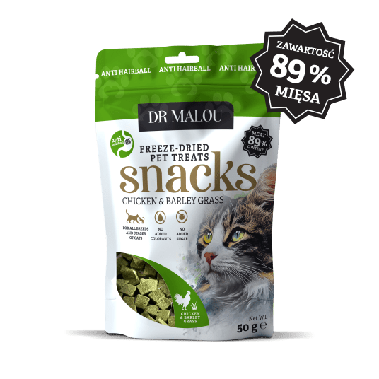 Przysmaki dla kotów kostki z kurczakiem i trawą jęczmienną 50g